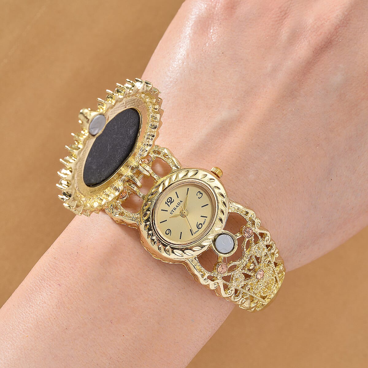 Strada Blue Color Cameo and Multi Color Crystal Japanese Movement Bangle Watch in Goldtone 8.00 ctw image number 2