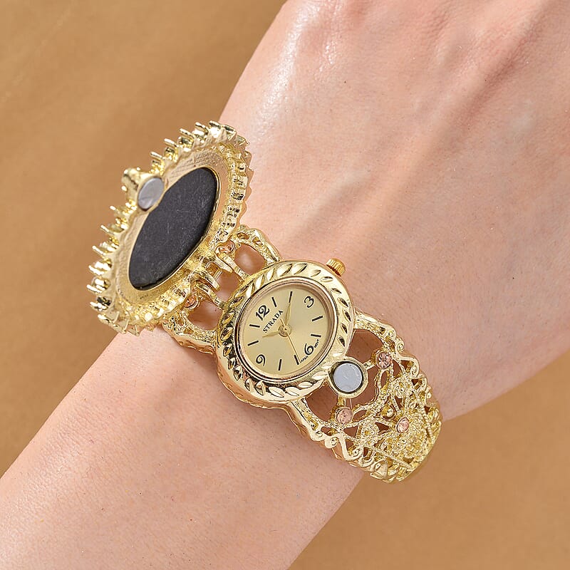 Strada Blue Color Cameo and Multi Color Crystal Japanese Movement Bangle Watch in Goldtone 8.00 ctw