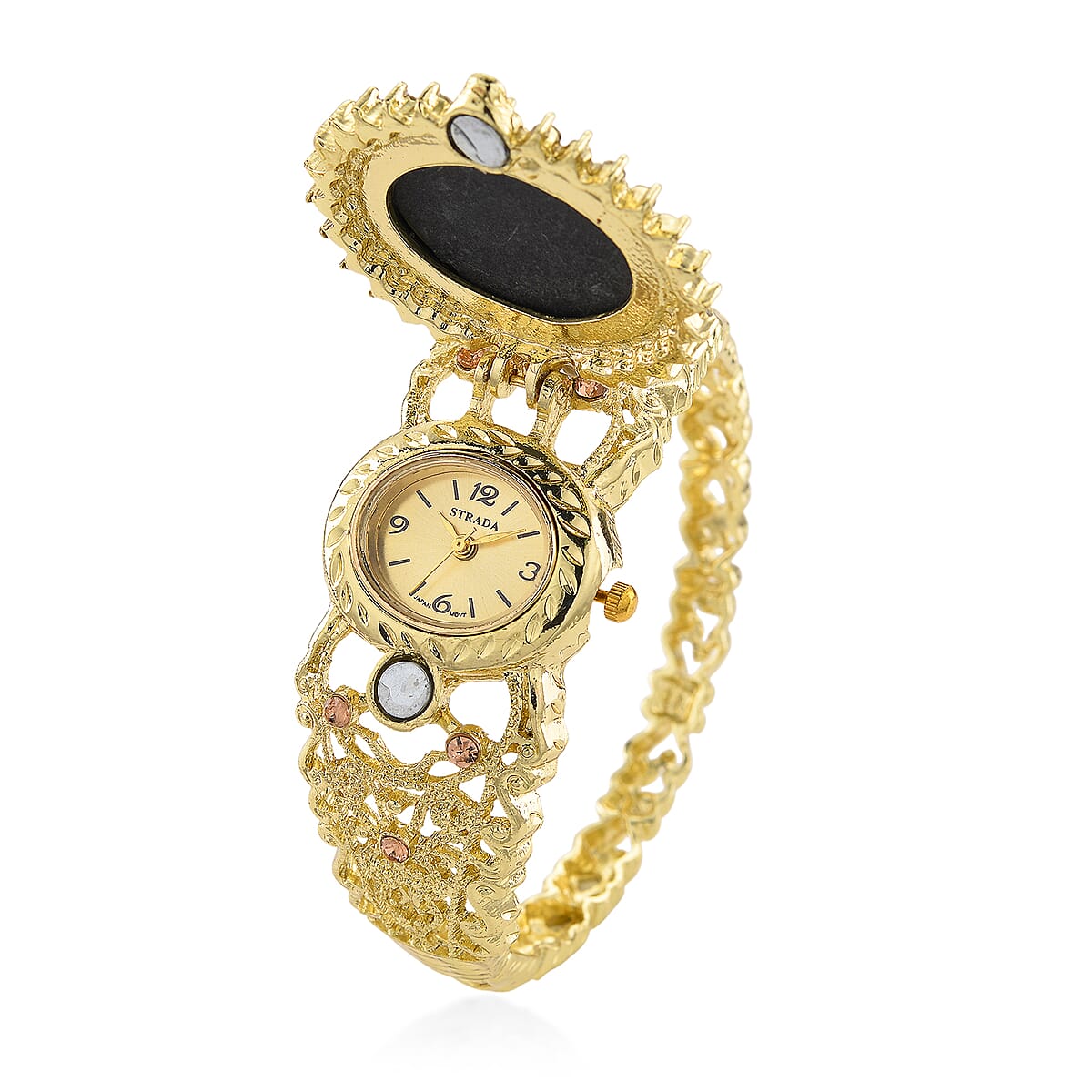 Strada Blue Color Cameo and Multi Color Crystal Japanese Movement Bangle Watch in Goldtone 8.00 ctw image number 3