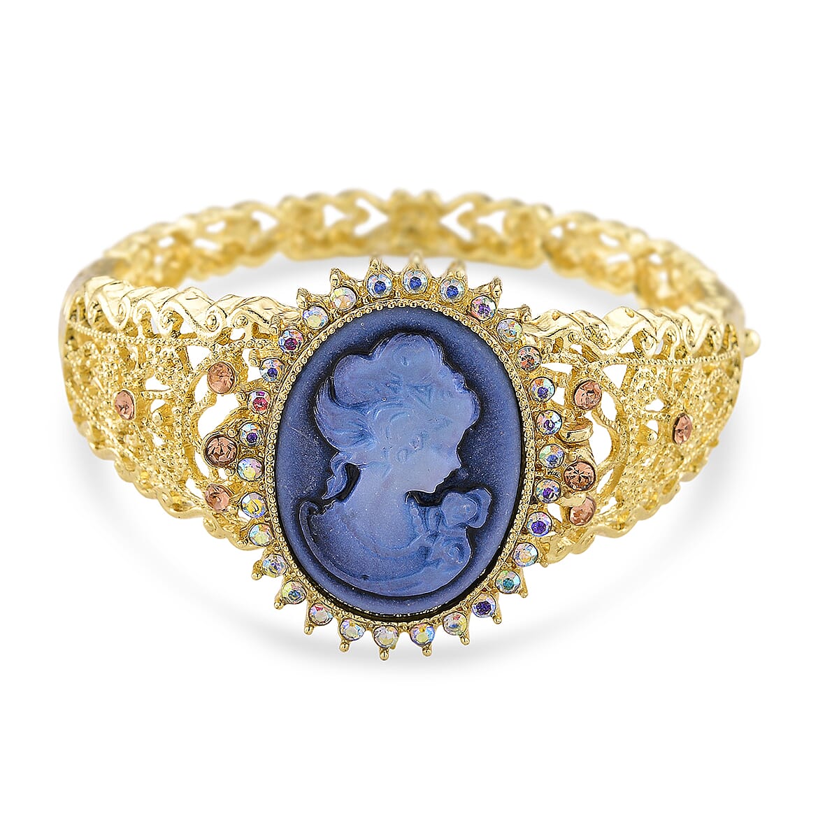 Strada Blue Color Cameo and Multi Color Crystal Japanese Movement Bangle Watch in Goldtone 8.00 ctw image number 4