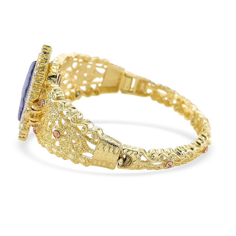 Strada Blue Color Cameo and Multi Color Crystal Japanese Movement Bangle Watch in Goldtone 8.00 ctw