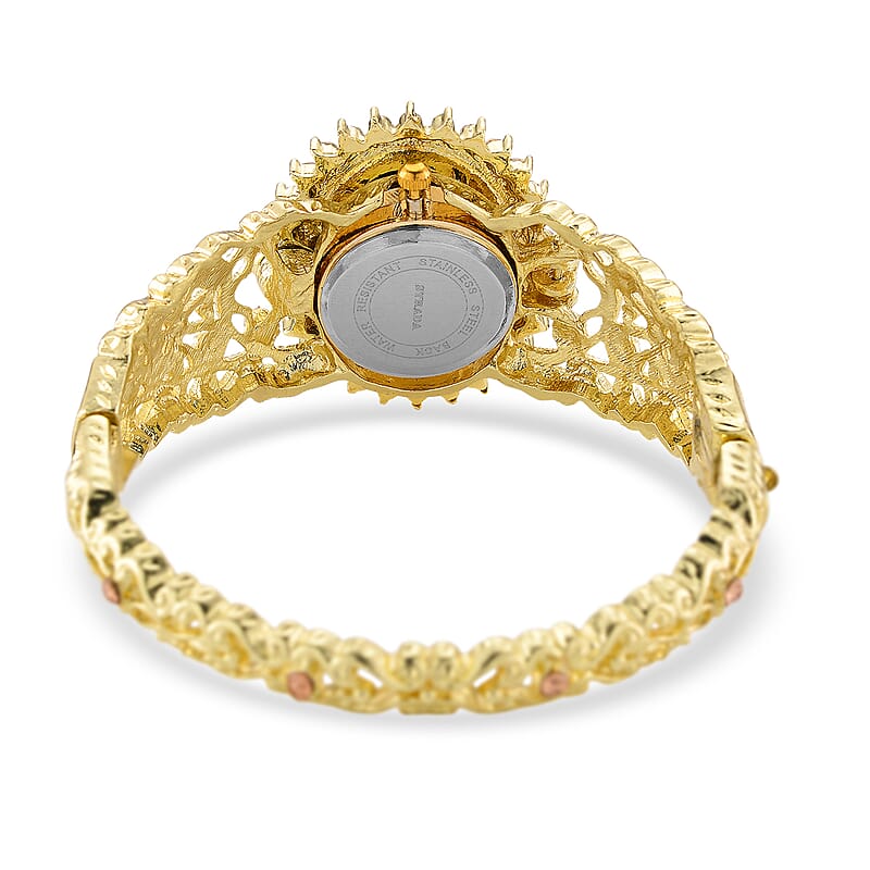 Strada Blue Color Cameo and Multi Color Crystal Japanese Movement Bangle Watch in Goldtone 8.00 ctw