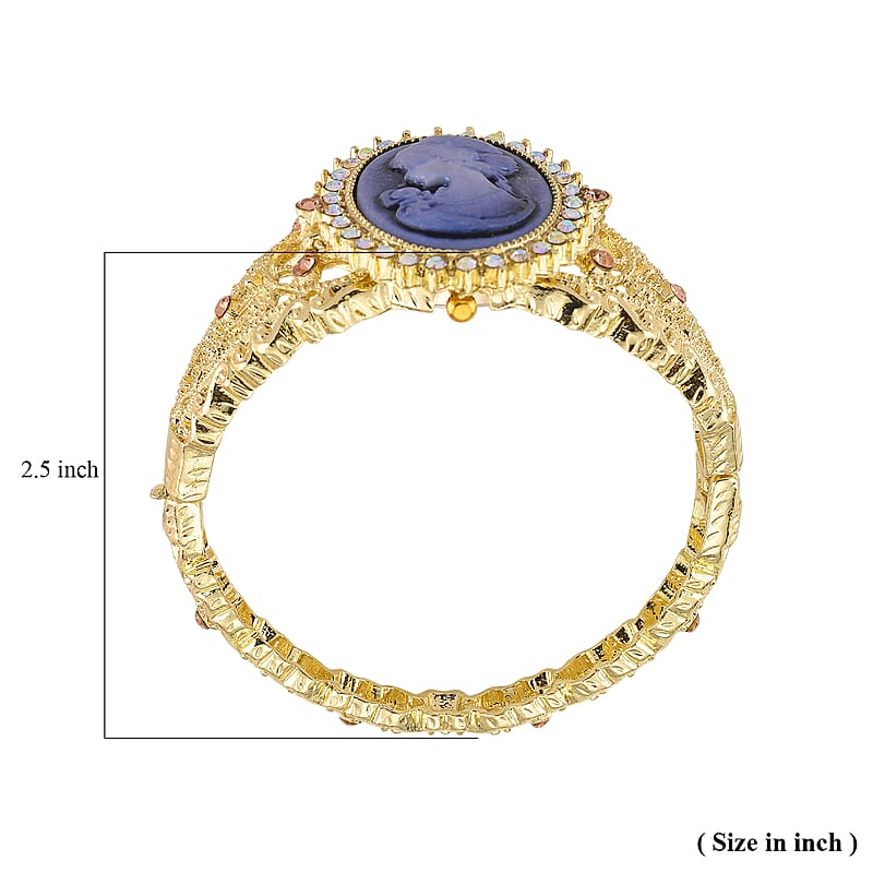 Strada Blue Color Cameo and Multi Color Crystal Japanese Movement Bangle Watch in Goldtone 8.00 ctw