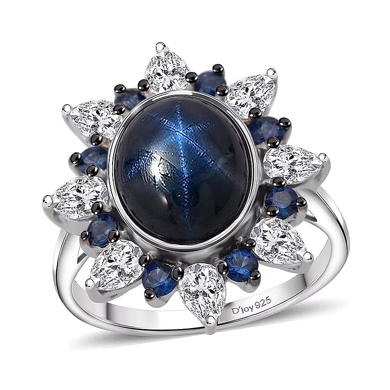 D'Joy Premium Blue Star Sapphire (DF) and Multi Gemstone 8.10 ctw Stellar Bloom Ring in Rhodium Over Sterling Silver (Size 10.0)