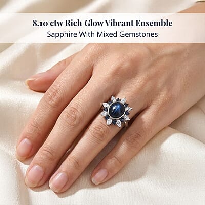 D'Joy Premium Blue Star Sapphire (DF) and Multi Gemstone 8.10 ctw Stellar Bloom Ring in Rhodium Over Sterling Silver (Size 10.0)