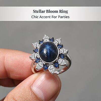 D'Joy Premium Blue Star Sapphire (DF) and Multi Gemstone 8.10 ctw Stellar Bloom Ring in Rhodium Over Sterling Silver (Size 10.0)