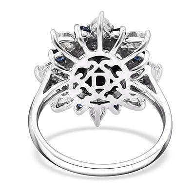D'Joy Premium Blue Star Sapphire (DF) and Multi Gemstone 8.10 ctw Stellar Bloom Ring in Rhodium Over Sterling Silver (Size 10.0)