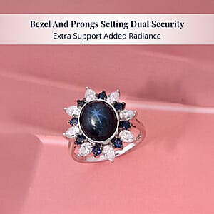 D'Joy Premium Blue Star Sapphire (DF) and Multi Gemstone 8.10 ctw Stellar Bloom Ring in Rhodium Over Sterling Silver (Size 7.0)