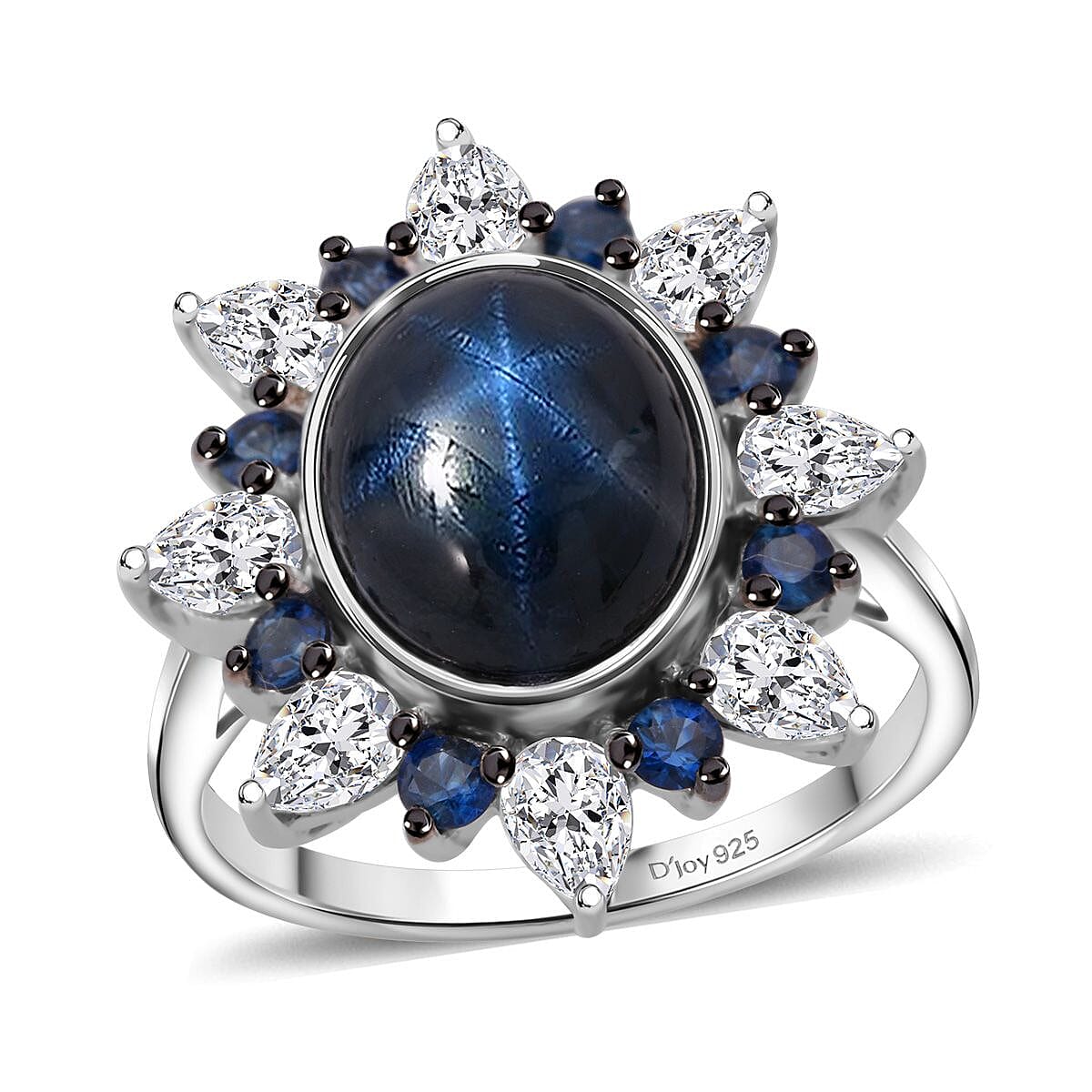 D'Joy Premium Blue Star Sapphire (DF) and Multi Gemstone 8.10 ctw Stellar Bloom Ring in Rhodium Over Sterling Silver (Size 8.0) image number 0
