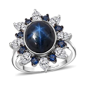 D'Joy Premium Blue Star Sapphire (DF) and Multi Gemstone 8.10 ctw Stellar Bloom Ring in Rhodium Over Sterling Silver (Size 8.0)
