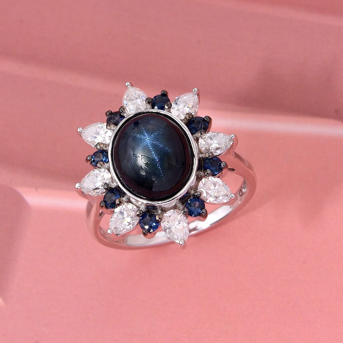 D'Joy Premium Blue Star Sapphire (DF) and Multi Gemstone 8.10 ctw Stellar Bloom Ring in Rhodium Over Sterling Silver (Size 8.0) image number 1