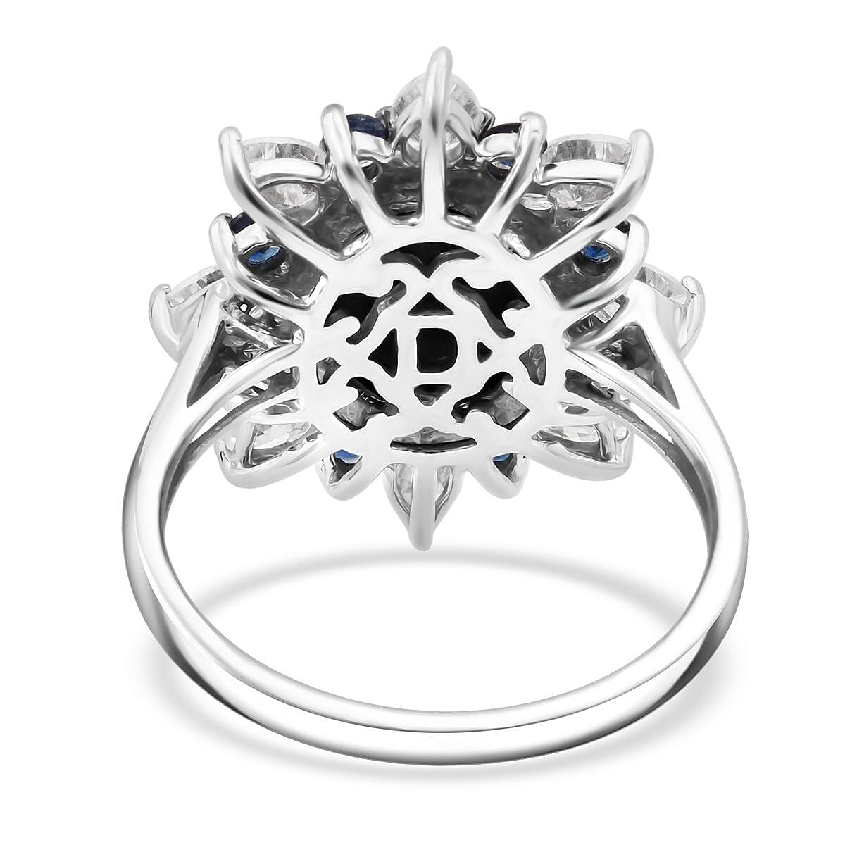 D'Joy Premium Blue Star Sapphire (DF) and Multi Gemstone 8.10 ctw Stellar Bloom Ring in Rhodium Over Sterling Silver (Size 8.0) image number 4