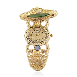 Strada Light Green Cameo and Multi Color Crystal Japanese Movement Bangle Watch in Goldtone 8.00 ctw