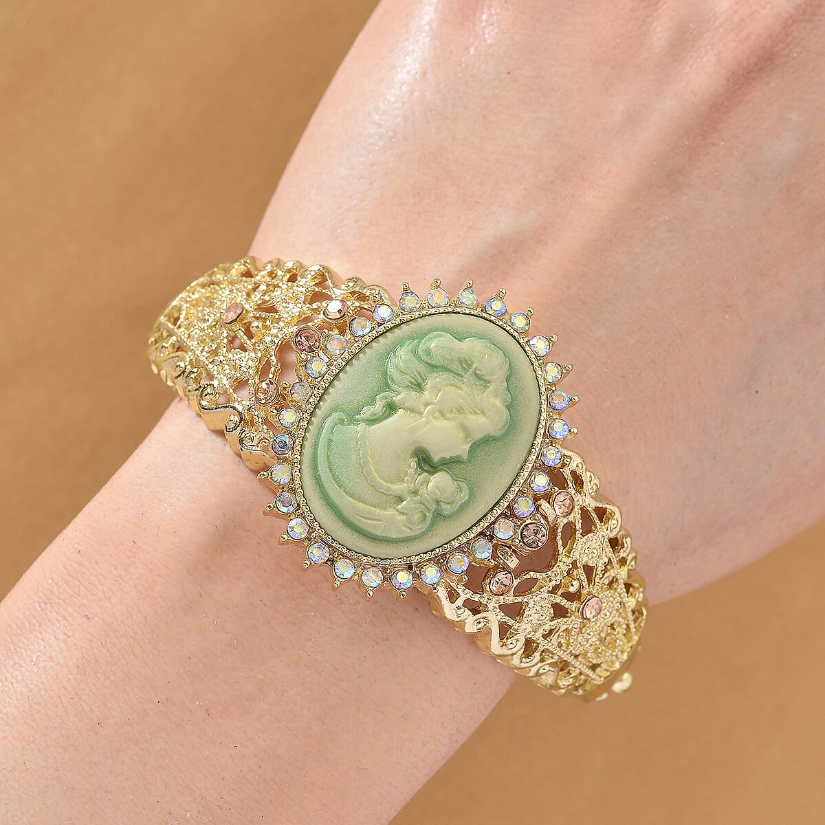 Strada Light Green Cameo and Multi Color Crystal Japanese Movement Bangle Watch in Goldtone 8.00 ctw image number 1