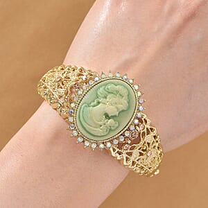 Strada Light Green Cameo and Multi Color Crystal Japanese Movement Bangle Watch in Goldtone 8.00 ctw