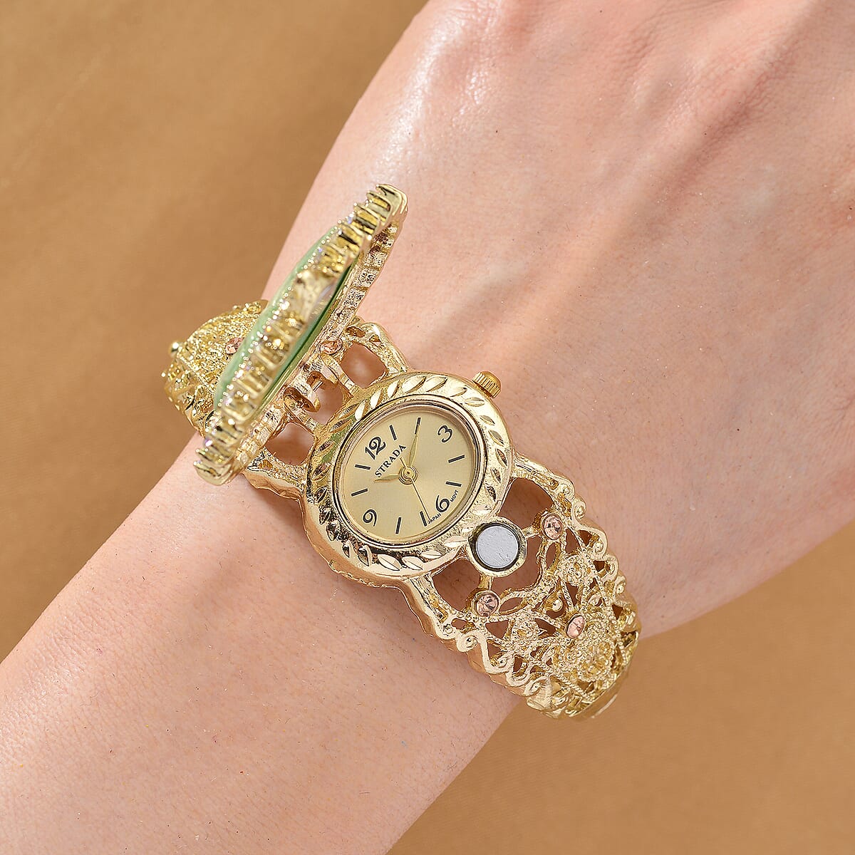 Strada Light Green Cameo and Multi Color Crystal Japanese Movement Bangle Watch in Goldtone 8.00 ctw image number 2