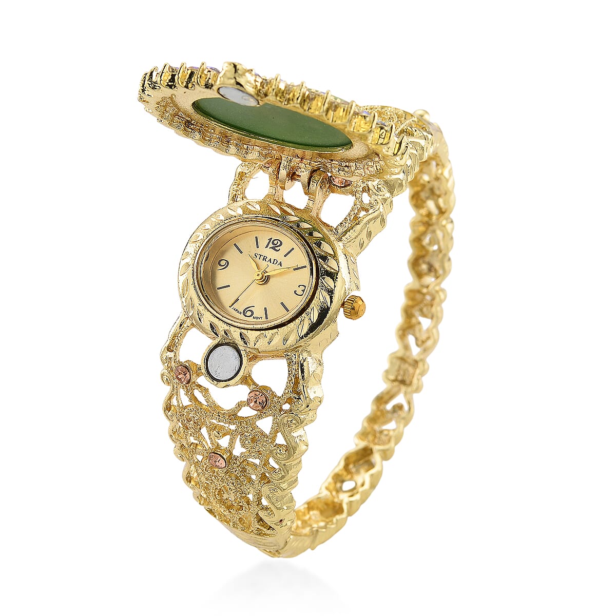 Strada Light Green Cameo and Multi Color Crystal Japanese Movement Bangle Watch in Goldtone 8.00 ctw image number 3