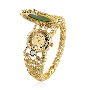 Strada Light Green Cameo and Multi Color Crystal Japanese Movement Bangle Watch in Goldtone 8.00 ctw