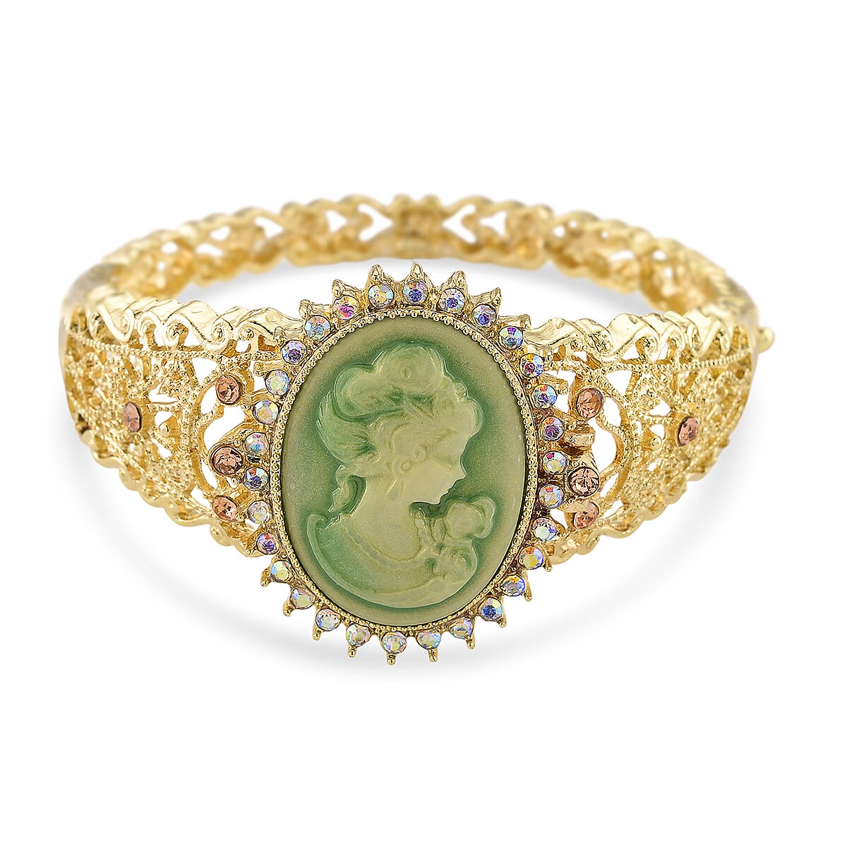Strada Light Green Cameo and Multi Color Crystal Japanese Movement Bangle Watch in Goldtone 8.00 ctw image number 4