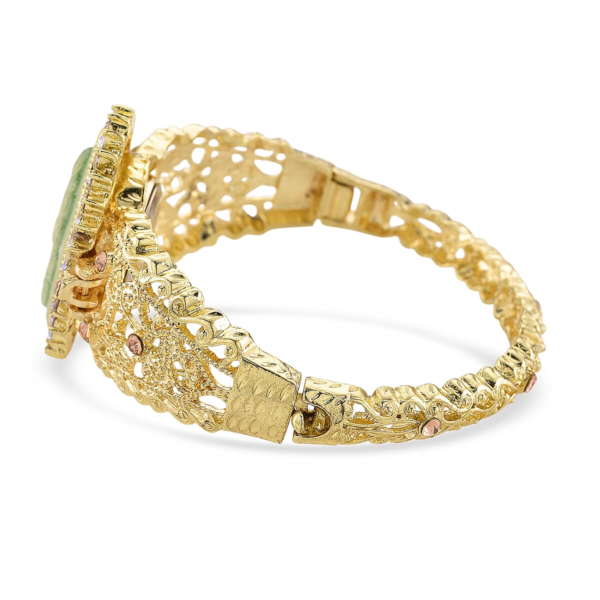 Strada Light Green Cameo and Multi Color Crystal Japanese Movement Bangle Watch in Goldtone 8.00 ctw image number 5