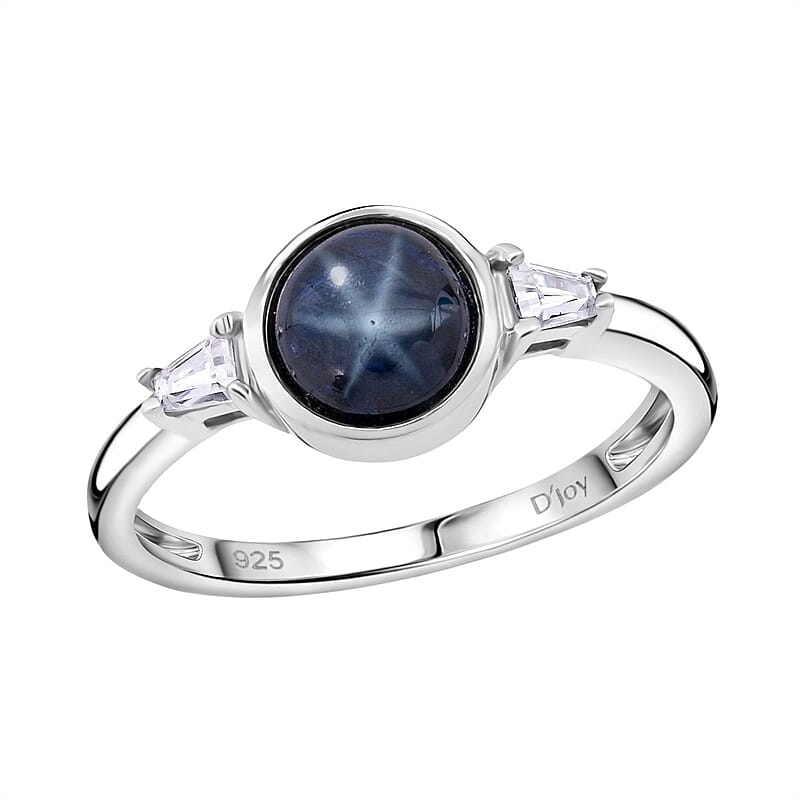 D'Joy Premium Blue Star Sapphire (DF) and Moissanite 2.65 ctw Ring in Rhodium Over Sterling Silver (Size 10.0)