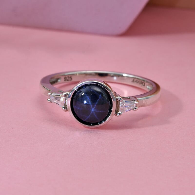 D'Joy Premium Blue Star Sapphire (DF) and Moissanite 2.65 ctw Ring in Rhodium Over Sterling Silver (Size 10.0)