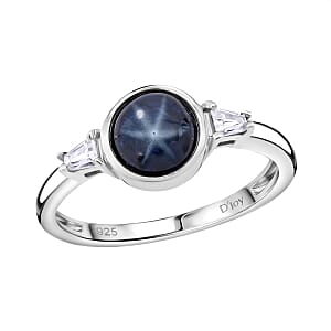 D'Joy Premium Blue Star Sapphire (DF) and Moissanite 2.65 ctw Eternal Star Ring in Rhodium Over Sterling Silver (Size 9.0)