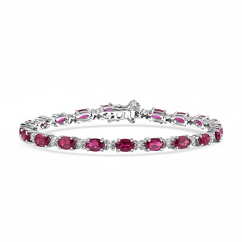  D’Joy Niassa Ruby (FF) and White Zircon 14.65 ctw Four Leaf Clover Bracelet in Rhodium Over Sterling Silver (7.25 In)