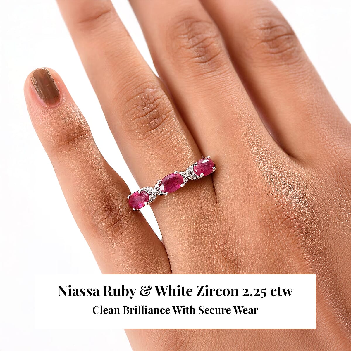 D'Joy Niassa Ruby (FF) and White Zircon 2.25 ctw Four Leaf Clover Ring in Rhodium Over Sterling Silver (Size 8.0) image number 1