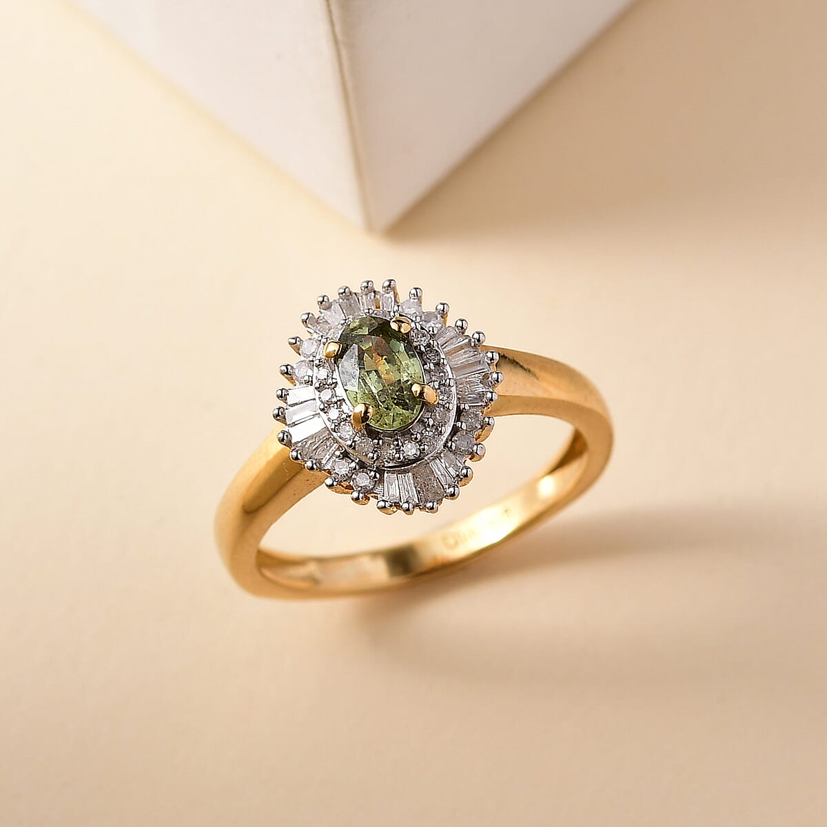 D'Joy Ambanja Demantoid Garnet and Diamond 0.90 ctw Sunburst Ring in 18K Vermeil Yellow Gold Over Sterling Silver (Size 10.0) image number 1