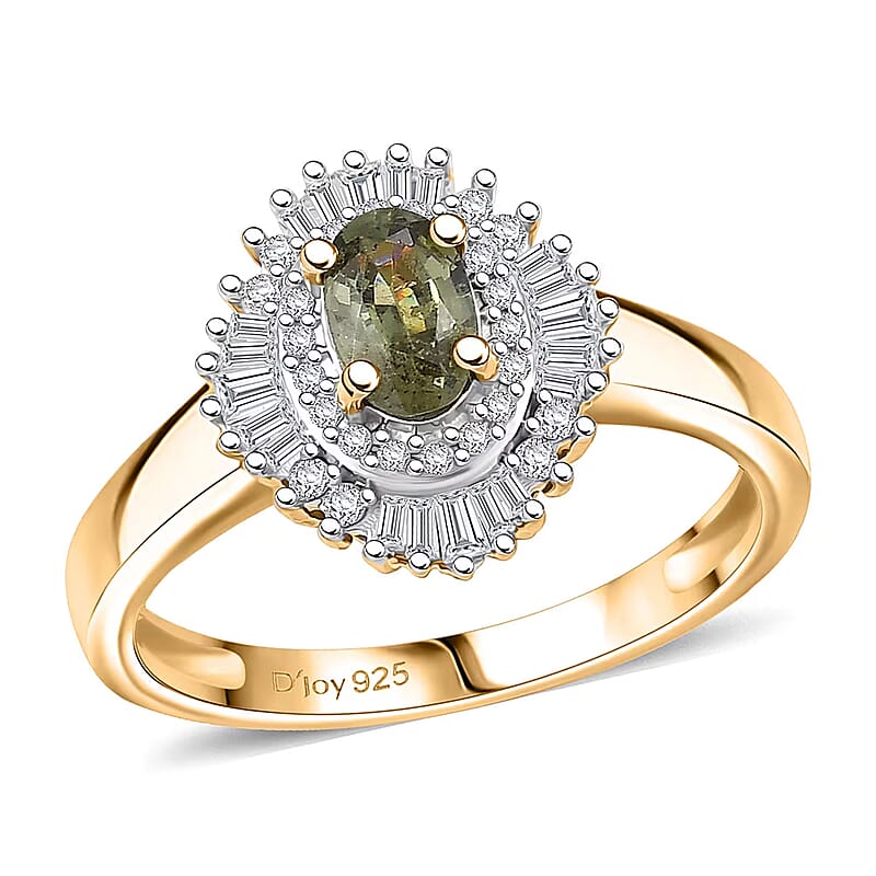 D'Joy Ambanja Demantoid Garnet and Diamond 0.90 ctw Sunburst Ring in 18K Vermeil Yellow Gold Over Sterling Silver (Size 5.0)