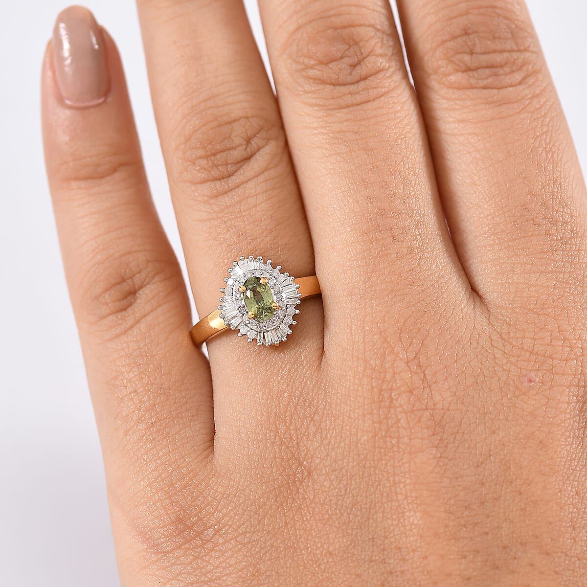 D'Joy Ambanja Demantoid Garnet and Diamond 0.90 ctw Sunburst Ring in 18K Vermeil Yellow Gold Over Sterling Silver (Size 5.0) image number 2