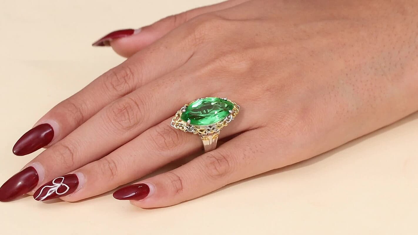 EverTrue Chartreuse Quartz (Triplet) 10.60 ctw Art Deco Ring in 18K YG Plated and Platinum Bond (Size 10.0)