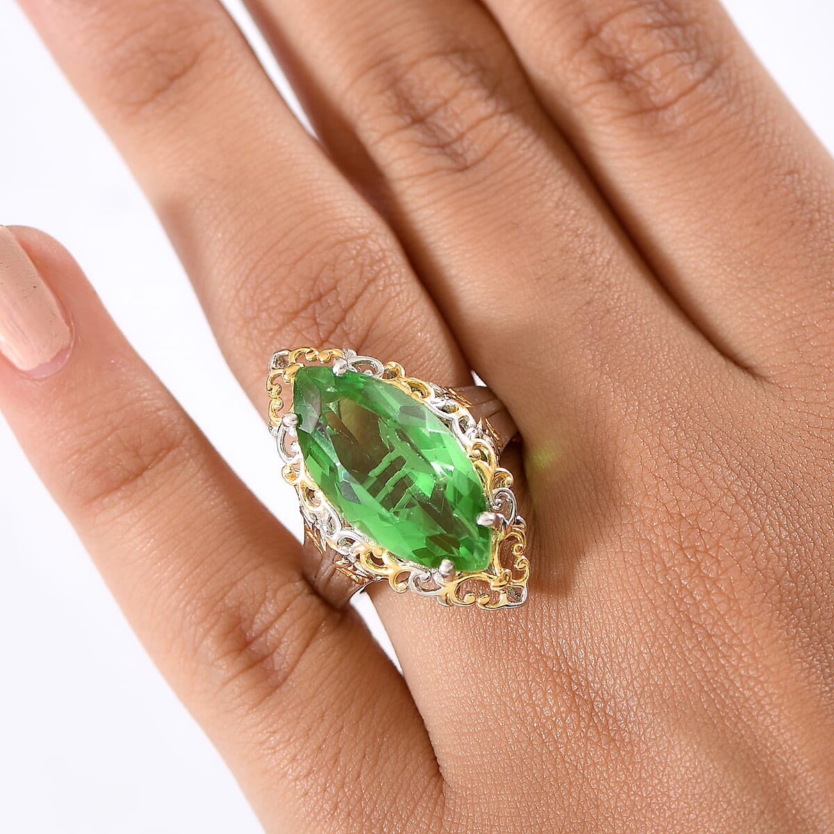 EverTrue Chartreuse Quartz (Triplet) 10.60 ctw Art Deco Ring in 18K YG Plated and Platinum Bond (Size 11.0) image number 2