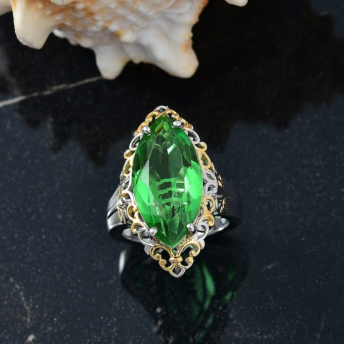 EverTrue Chartreuse Quartz (Triplet) 10.60 ctw Art Deco Ring in 18K YG Plated and Platinum Bond (Size 6.0) image number 1