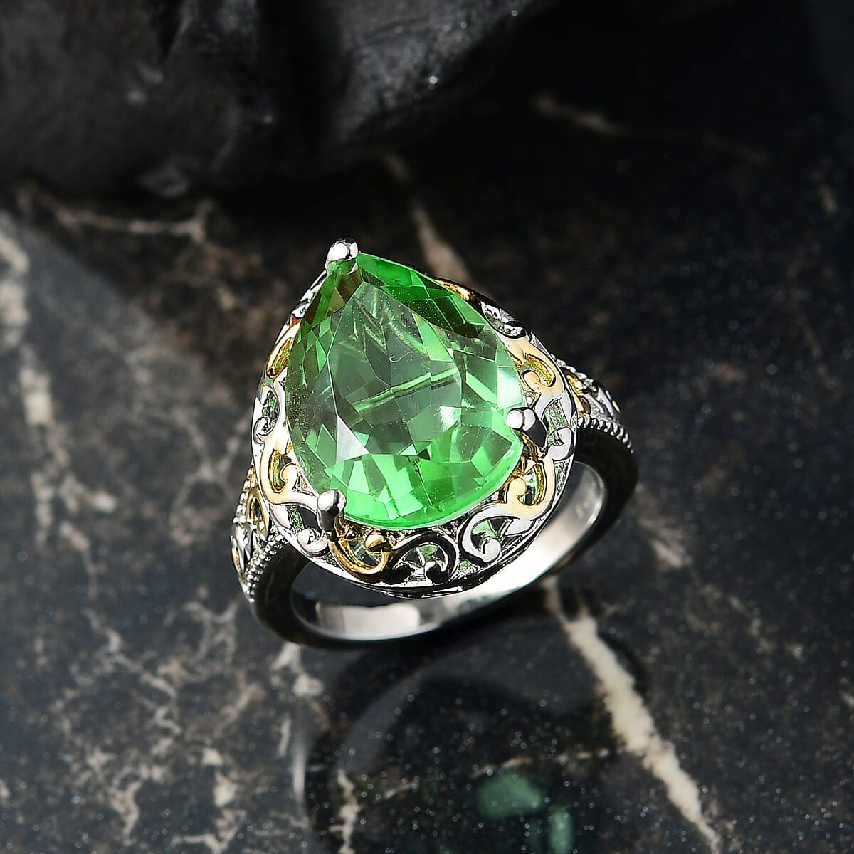 EverTrue Chartreuse Quartz (Triplet) 8.90 ctw Art Deco Ring 18K YG Plated and Platinum Bond (Size 11.0) image number 1