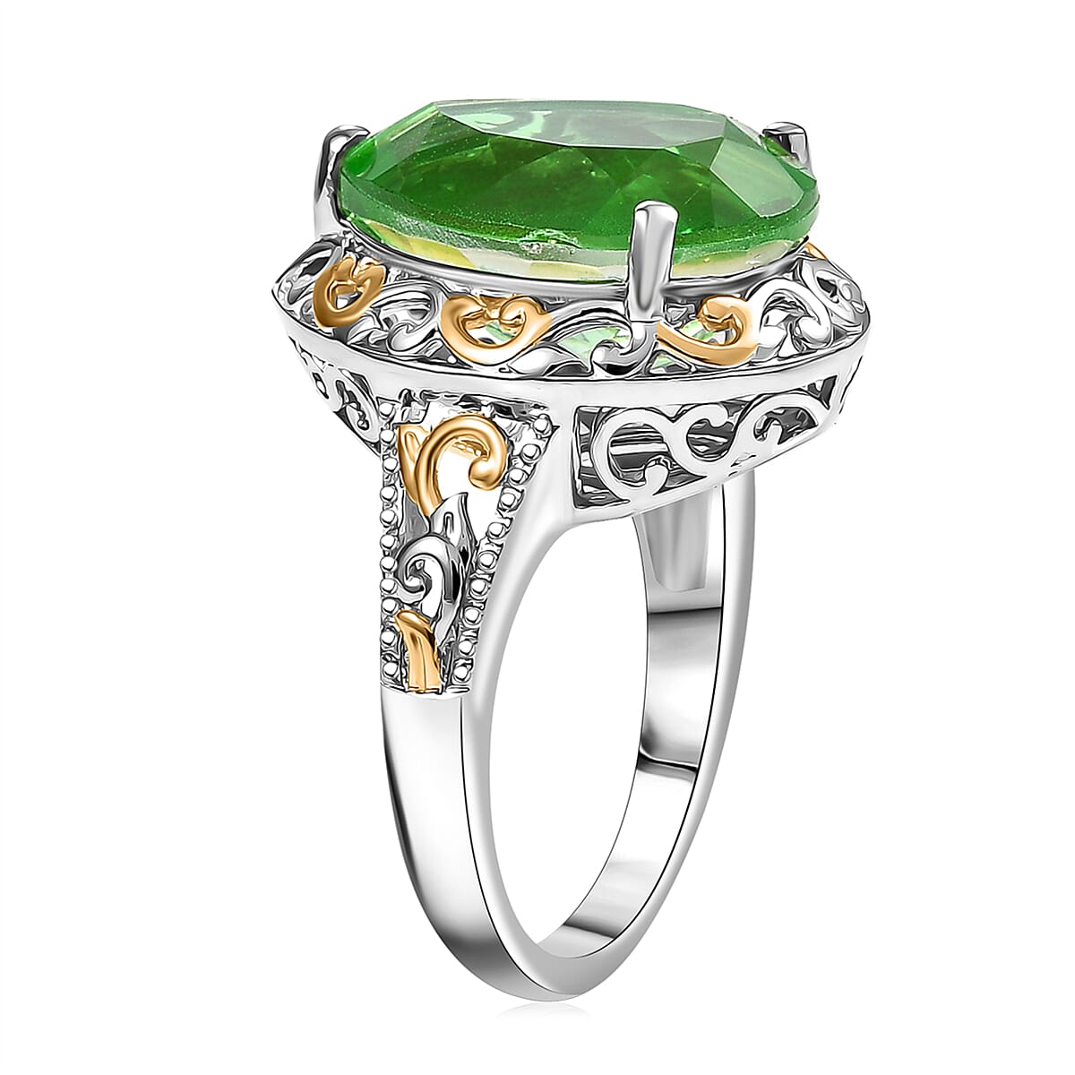 EverTrue Chartreuse Quartz (Triplet) 8.90 ctw Art Deco Ring 18K YG Plated and Platinum Bond (Size 11.0) image number 3