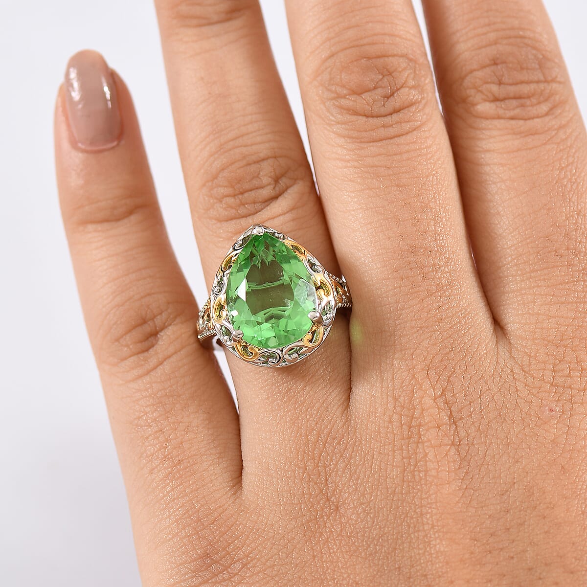 EverTrue Chartreuse Quartz (Triplet) 8.90 ctw Art Deco Ring 18K YG Plated and Platinum Bond (Size 9.0) image number 2