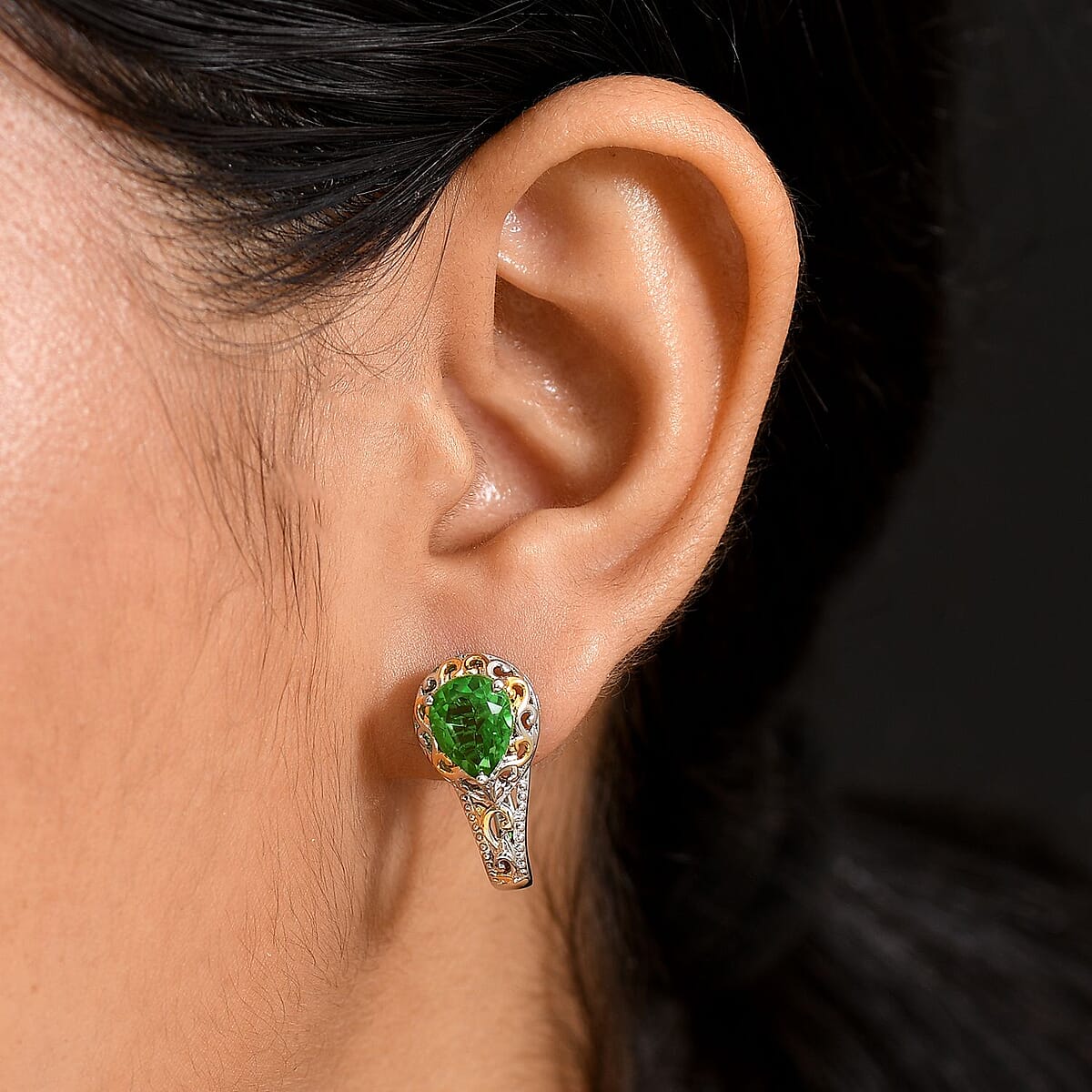 EverTrue Chartreuse Quartz (Triplet) 3.75 ctw J-Hoop Earrings 18K YG plated and Platinum Bond image number 2