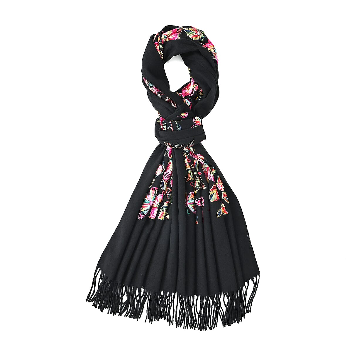 Tamsy Black Embroidery Faux Wool Scarf with Fringe Faux Wool image number 0