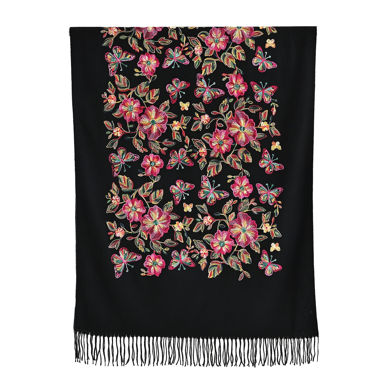 Tamsy Black Embroidered Polyester Woven Scarf with Fringe – One Size 