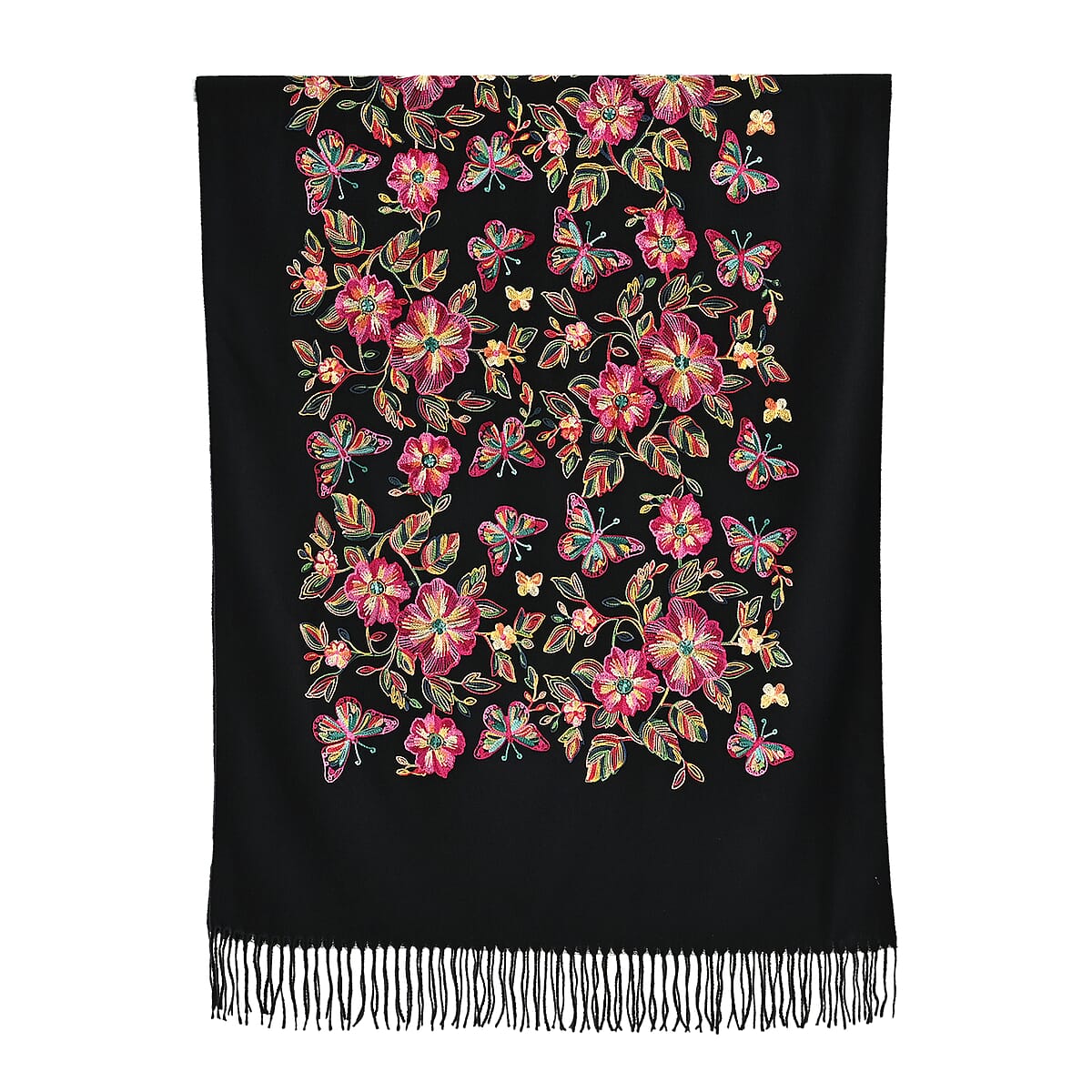 Tamsy Black Embroidery Faux Wool Scarf with Fringe Faux Wool image number 1