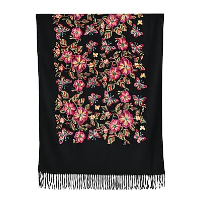 Tamsy Black Embroidered Polyester Woven Scarf with Fringe – One Size 