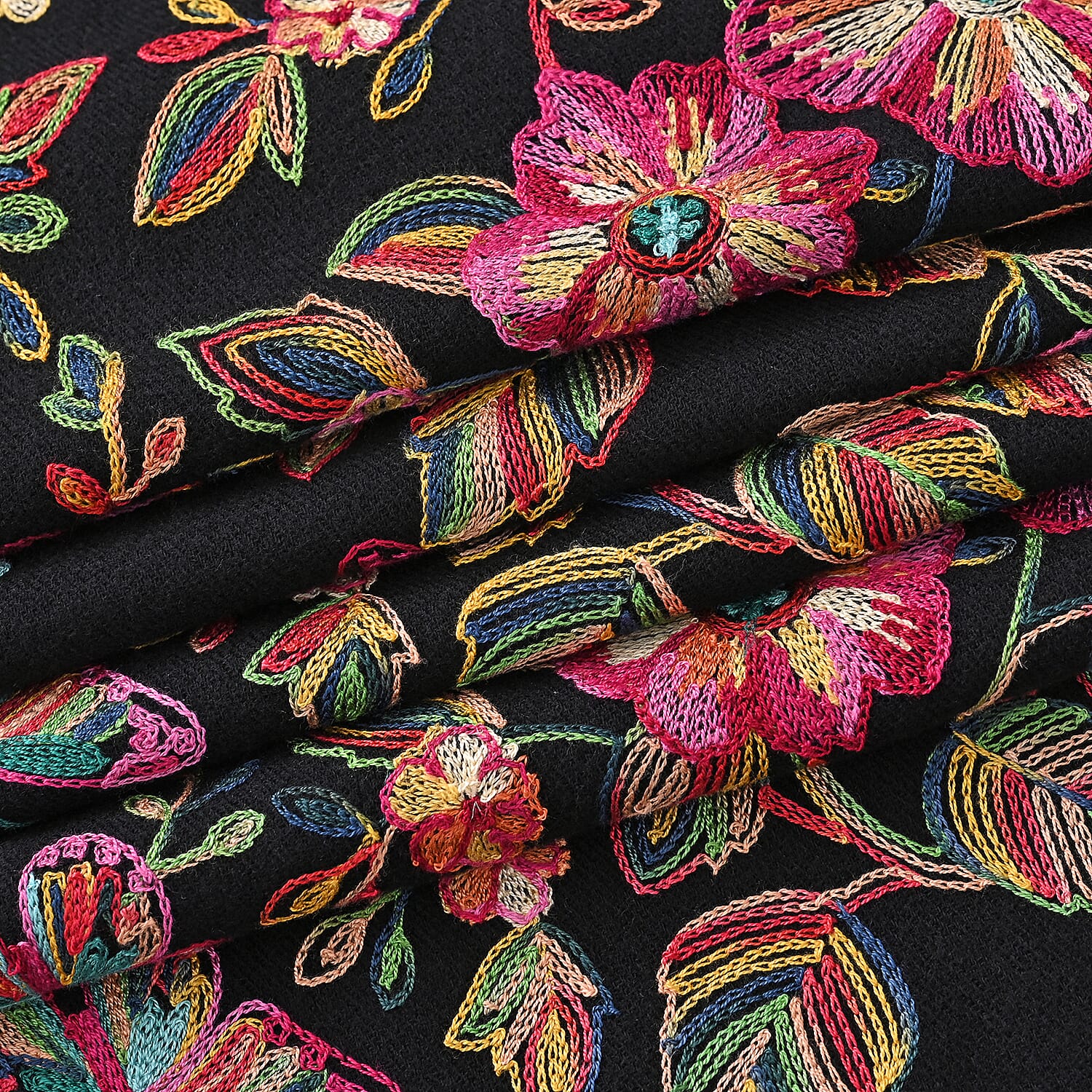 Tamsy Black Embroidered Polyester Woven Scarf with Fringe – One Size 