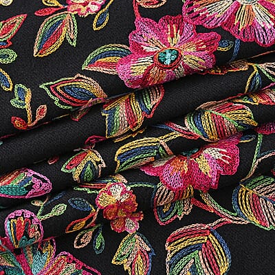 Tamsy Black Embroidered Polyester Woven Scarf with Fringe – One Size 