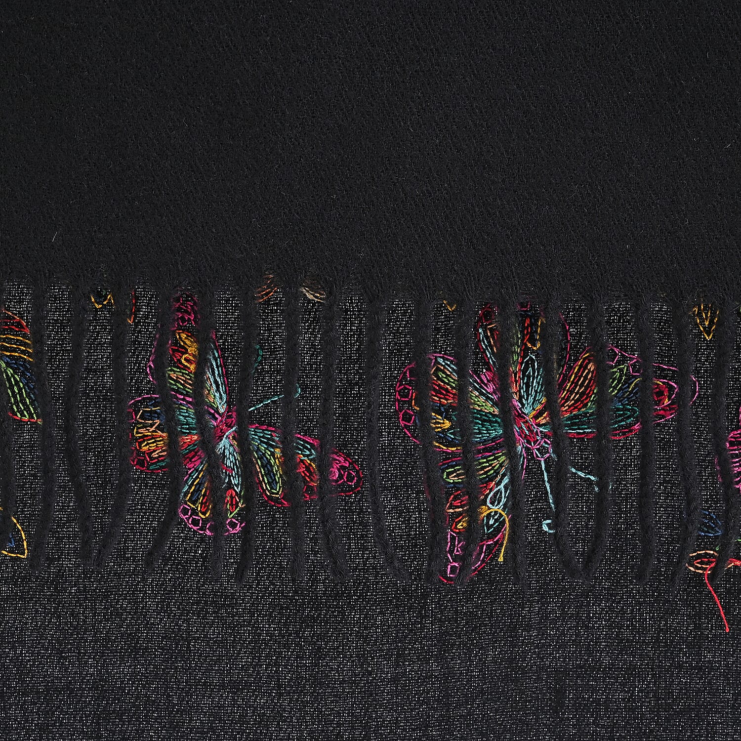 Tamsy Black Embroidered Polyester Woven Scarf with Fringe – One Size 