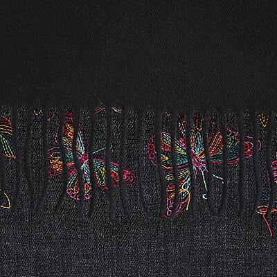 Tamsy Black Embroidered Polyester Woven Scarf with Fringe – One Size 