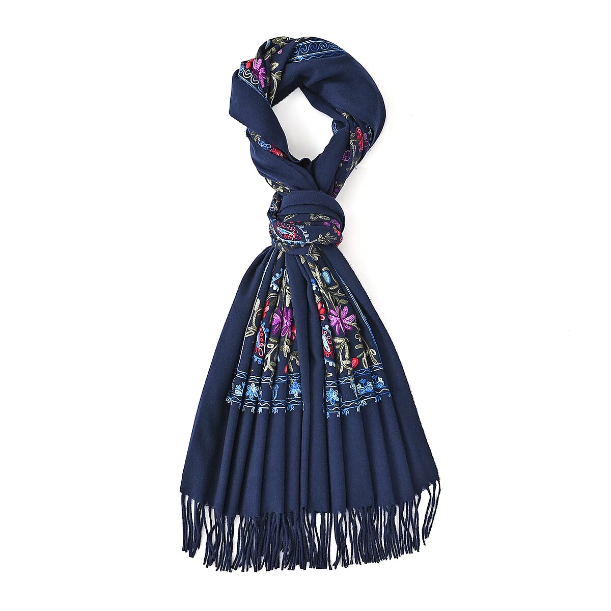 Tamsy Blue Embroidered Polyester Woven Scarf with Fringe – One Size image number 0