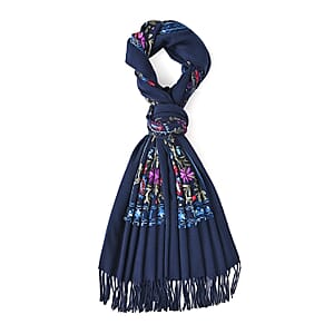 Tamsy Blue Embroidered Polyester Woven Scarf with Fringe – One Size