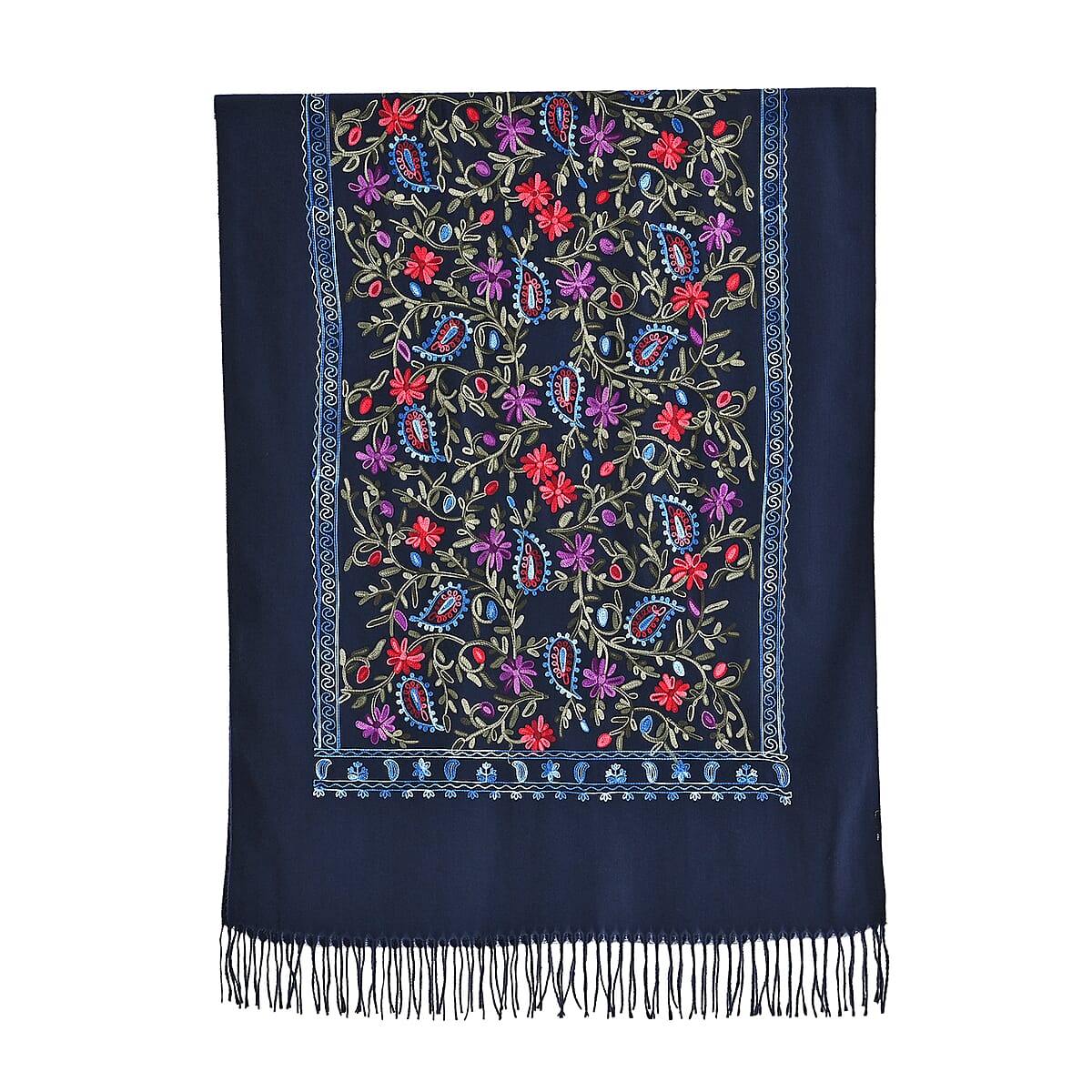 Tamsy Blue Embroidered Polyester Woven Scarf with Fringe – One Size image number 1